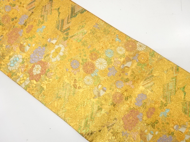 未使用品　佐賀錦　鴛鴦に菊・牡丹・楓模様織り出し袋帯(未仕立て)